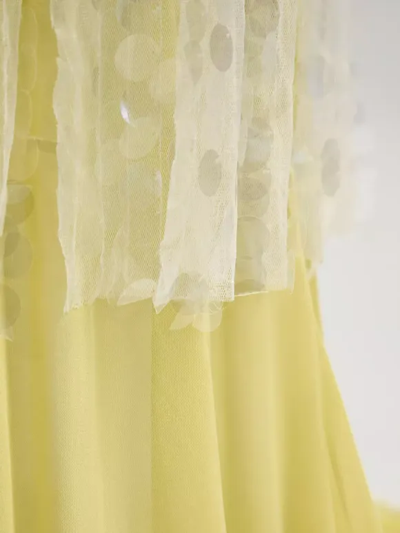 Sequin Sheer Maxi Slip Dress for Women - Butter Yellow Boho Backless V Neck Mermaid Cut Evening Gown - Summer Beach 2026
