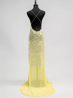 Sequin Sheer Maxi Slip Dress for Women - Butter Yellow Boho Backless V Neck Mermaid Cut Evening Gown - Summer Beach 2026