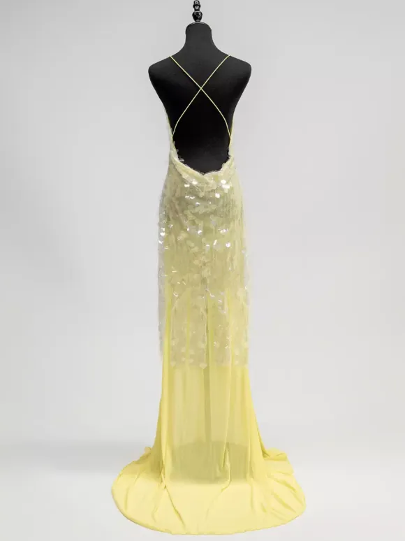 Sequin Sheer Maxi Slip Dress for Women - Butter Yellow Boho Backless V Neck Mermaid Cut Evening Gown - Summer Beach 2026