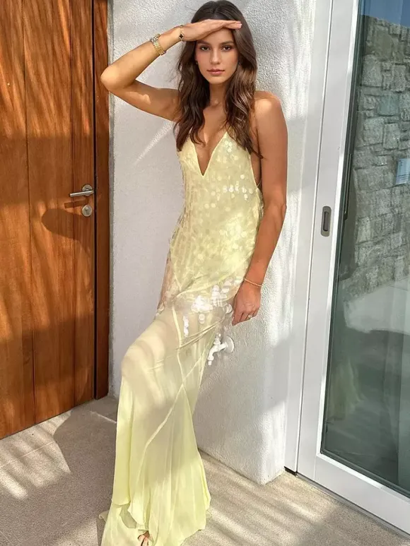 Sequin Sheer Maxi Slip Dress for Women - Butter Yellow Boho Backless V Neck Mermaid Cut Evening Gown - Summer Beach 2026