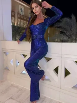 Sequins Jumpsuit Sweetheart Neck Long Sleeves Belted Sexy Playsuit