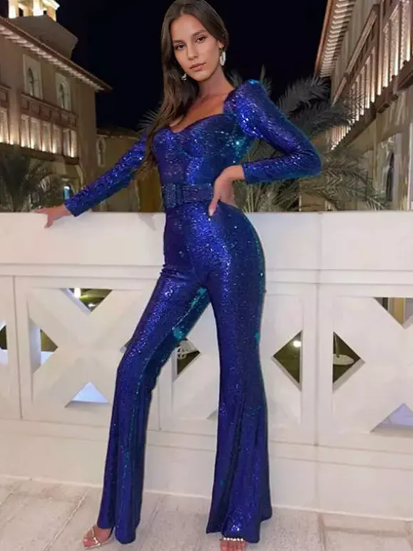Sequins Jumpsuit Sweetheart Neck Long Sleeves Belted Sexy Playsuit