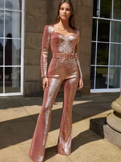 Sequins Jumpsuit Sweetheart Neck Long Sleeves Belted Sexy Playsuit