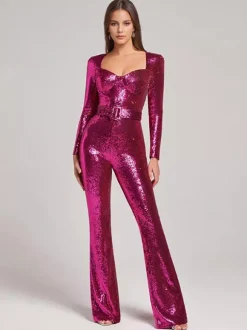 Sequins Jumpsuit Sweetheart Neck Long Sleeves Belted Sexy Playsuit
