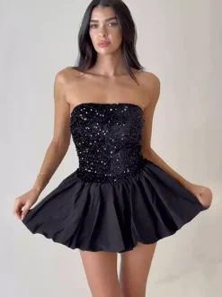 Sequin Strapless Mini Dress With Puff Skirt 2026