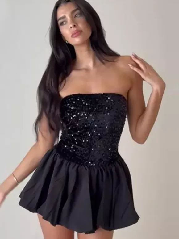 Sequin Strapless Mini Dress With Puff Skirt 2026