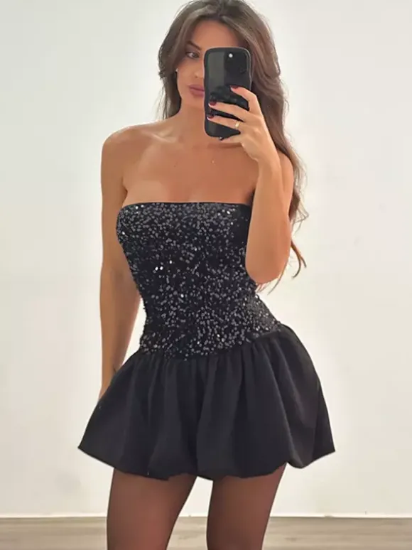 Sequin Strapless Mini Dress With Puff Skirt 2026