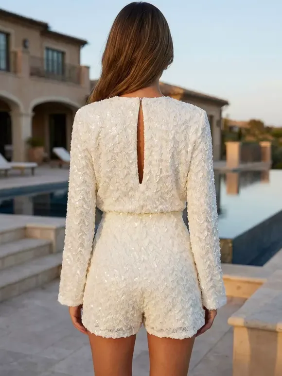 Sequin Textured V Neck Tie Waist Flare Sleeve Party Jumpsuits For Women 2026