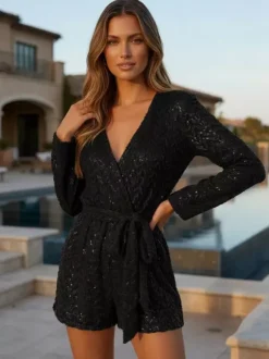 Sequin Textured V Neck Tie Waist Flare Sleeve Party Jumpsuits For Women 2026