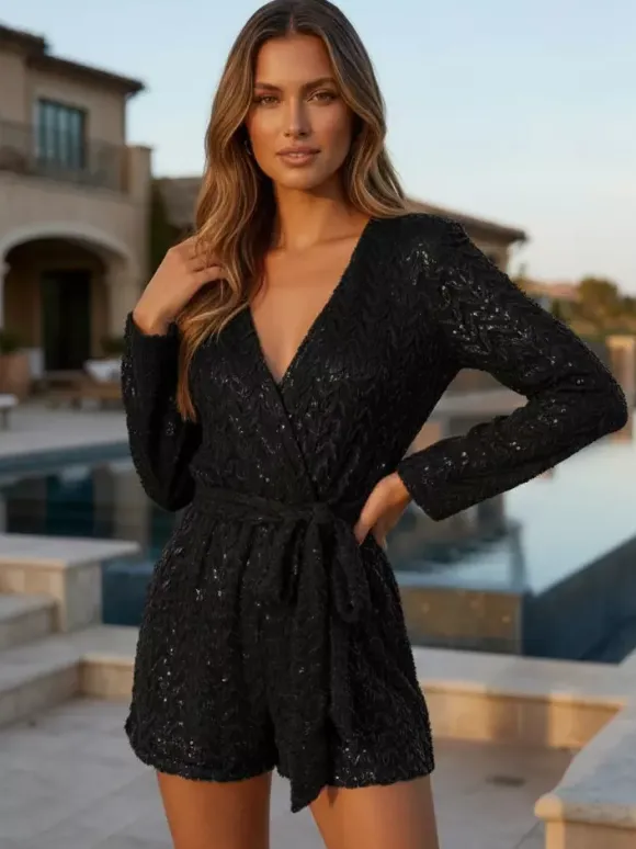 Sequin Textured V Neck Tie Waist Flare Sleeve Party Jumpsuits For Women 2026
