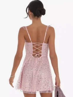 Sequin Tulle Mini Dress For Women - Sweetheart Neck Lace Up Back Sleeveless A-Line Sun Dress - Summer Birthday Party 2026