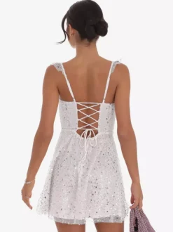 Sequin Tulle Mini Dress For Women - Sweetheart Neck Lace Up Back Sleeveless A-Line Sun Dress - Summer Birthday Party 2026