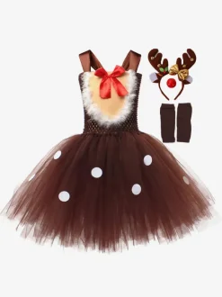 Set Christmas Coffee Brown Headwear Gloves Dress Polyester Two-Tone Christmas Holidays Costumes