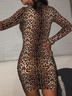 Sexy Bodycon Dresses Leopard Print High Collar Long Sleeves Mini Dress