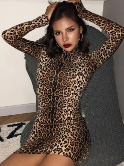 Sexy Bodycon Dresses Leopard Print High Collar Long Sleeves Mini Dress