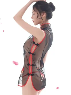 Sexy Costume Qipao Dress Mini Cheongsam Sheer Tulle Women Night Wear Lingerie Set Halloween