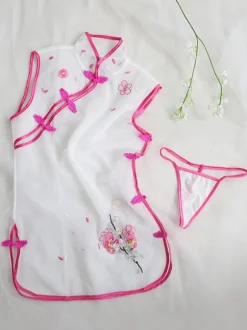 Sexy Costume Qipao Dress Mini Cheongsam Sheer Tulle Women Night Wear Lingerie Set Halloween