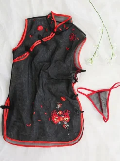 Sexy Costume Qipao Dress Mini Cheongsam Sheer Tulle Women Night Wear Lingerie Set Halloween
