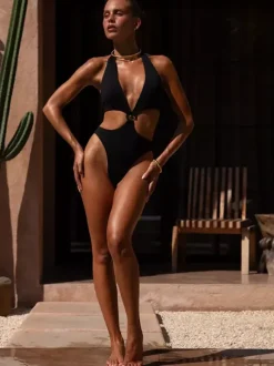 Sexy Cut Out Monokini For Women - Black Halter Deep V Neck High Cut One Piece Swimsuit - Summer Beach Resort 2026