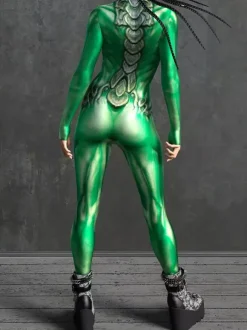 Sexy Cyberpunk Womens Zentai Bodysuit Metallic Long Sleeves Futuristic Exo-Suit Catsuit