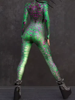 Sexy Cyberpunk Womens Zentai Bodysuit Metallic Long Sleeves Futuristic Exo-Suit Catsuit