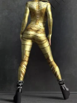 Sexy Cyberpunk Womens Zentai Bodysuit Metallic Long Sleeves Futuristic Exo-Suit Catsuit