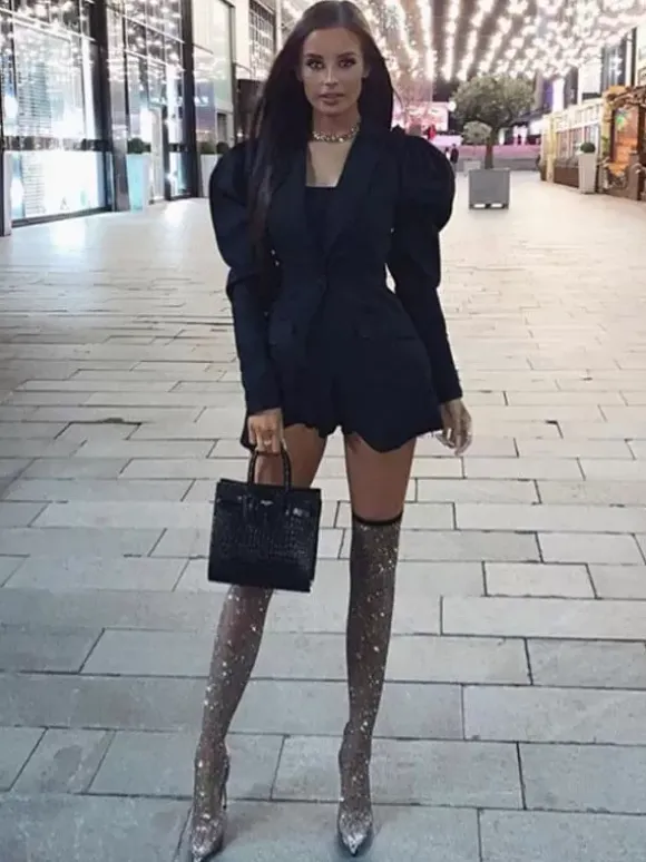 Sexy Fishnets Rhinestones Stiletto Heel Tigh High Boots Black