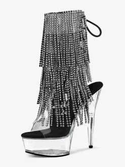 Sexy High Heel Boots Peep Toe Lace Up Rhinestones Stiletto Heel Pole Dancing Black Thigh High Boots Over The Knee Boots