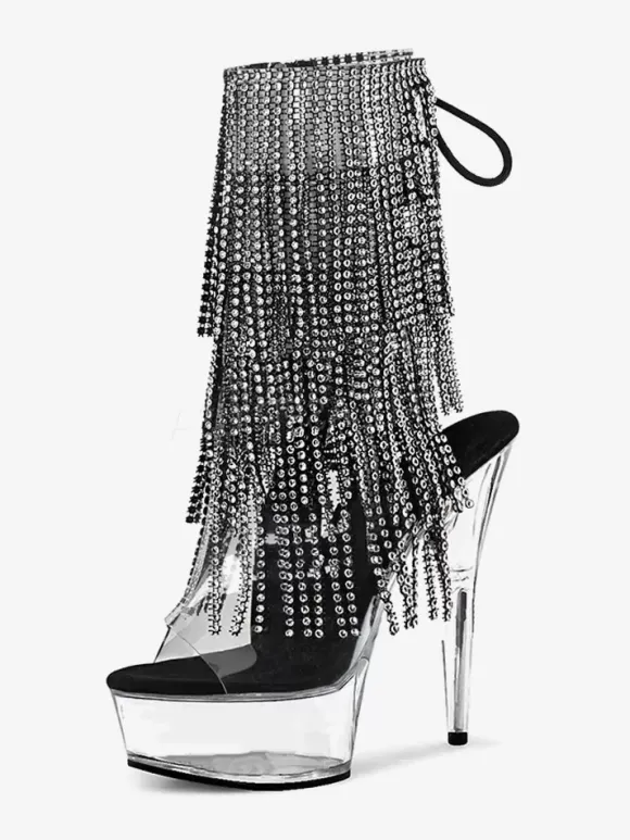 Sexy High Heel Boots Peep Toe Lace Up Rhinestones Stiletto Heel Pole Dancing Black Thigh High Boots Over The Knee Boots