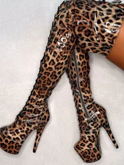Sexy High Heel Boots Platform Leopard Round Toe Lace UpStiletto Heel Pole Dancing Thigh High Boots