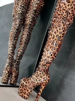Sexy High Heel Boots Platform Leopard Round Toe Lace UpStiletto Heel Pole Dancing Thigh High Boots