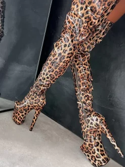 Sexy High Heel Boots Platform Leopard Round Toe Lace UpStiletto Heel Pole Dancing Thigh High Boots
