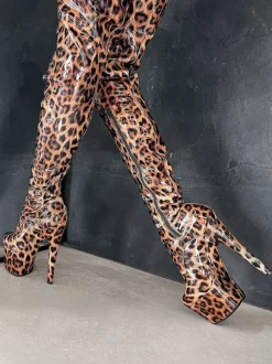 Sexy High Heel Boots Platform Leopard Round Toe Lace UpStiletto Heel Pole Dancing Thigh High Boots