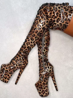 Sexy High Heel Boots Platform Leopard Round Toe Lace UpStiletto Heel Pole Dancing Thigh High Boots
