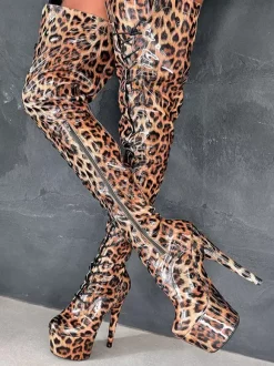 Sexy High Heel Boots Platform Leopard Round Toe Lace UpStiletto Heel Pole Dancing Thigh High Boots