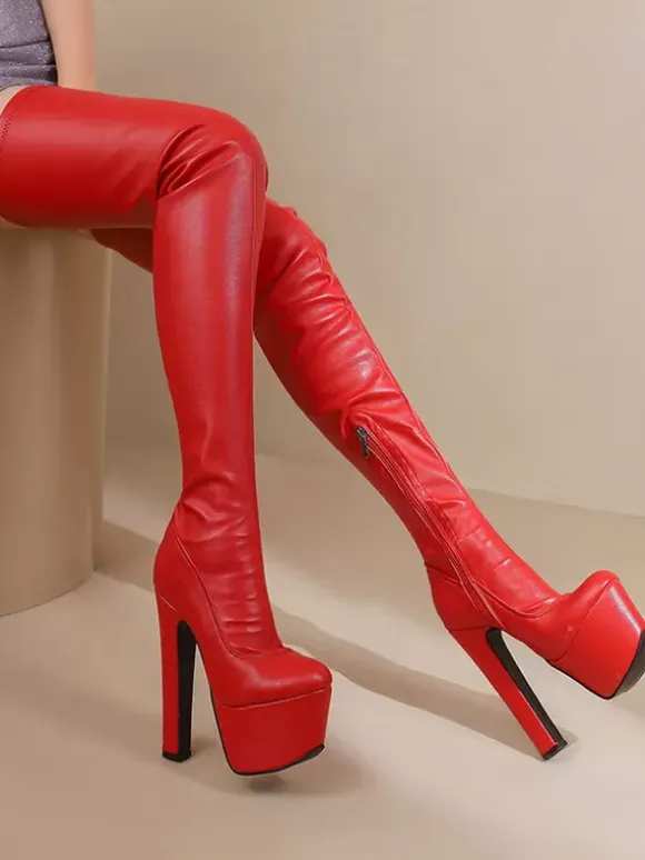 Sexy High Heel Boots Platform Round Toe Chunky Heel Sexy Thigh High Boots
