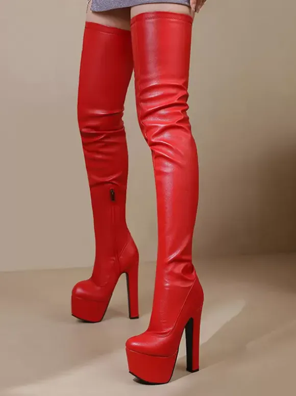Sexy High Heel Boots Platform Round Toe Chunky Heel Sexy Thigh High Boots