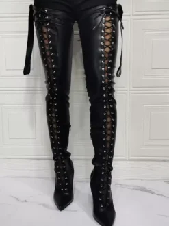 Sexy High Heel Boots Plus Size Pointed Toe Boot Shaft Adjustable Buckle Stiletto Heel Black Thigh High Over The Knee Boots