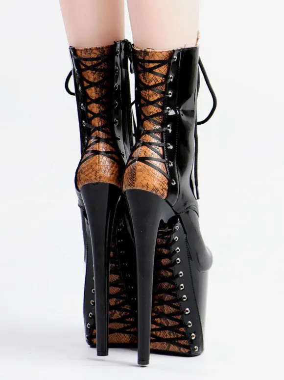 Sexy High Heel Boots Round Toe Lace Up Snake Print Stiletto Heel Rave Club Black Thigh High Boots Over The Knee Boots