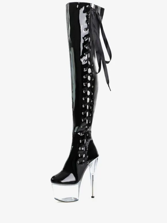 Sexy High Heel Boots Round Toe Zipper Geometric Stiletto Heel Rave Club Transparent Thigh High Boots Over The Knee Boots