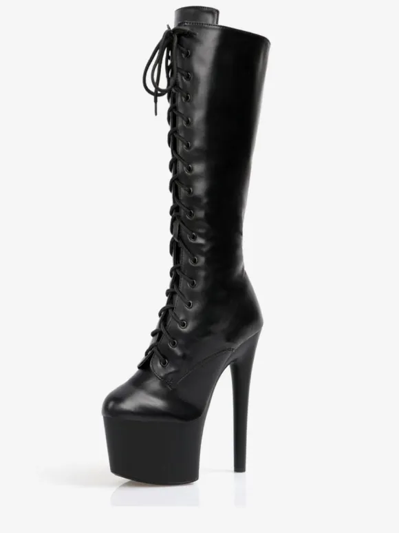 Sexy High Heel Boots Round Toe Zipper Geometric Stiletto Heel Pole Dancing Black Thigh High Boots Over The Knee Boots
