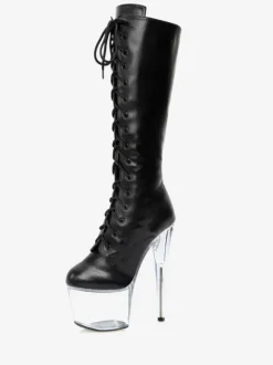 Sexy High Heel Boots Round Toe Zipper Geometric Stiletto Heel Pole Dancing Black Thigh High Boots Over The Knee Boots