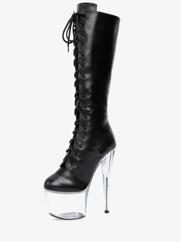 Sexy High Heel Boots Round Toe Zipper Geometric Stiletto Heel Pole Dancing Black Thigh High Boots Over The Knee Boots