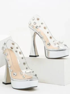 Sexy High Heel Sandals Silver PU Leather Peep Toe Chunky Heel High Heels