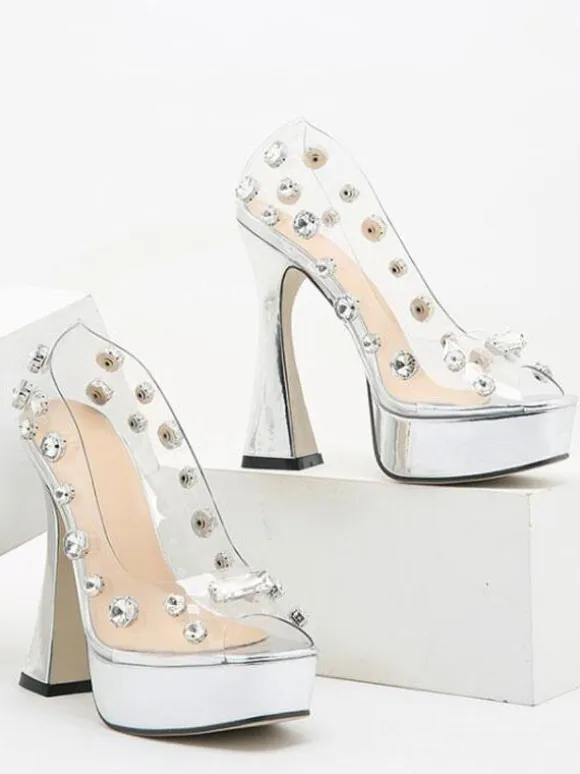 Sexy High Heel Sandals Silver PU Leather Peep Toe Chunky Heel High Heels