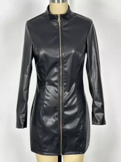 Sexy High Neck Long Sleeve Zipper Front Faux Leather Mini Dress For Women 2026