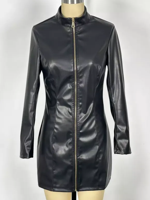 Sexy High Neck Long Sleeve Zipper Front Faux Leather Mini Dress For Women 2026