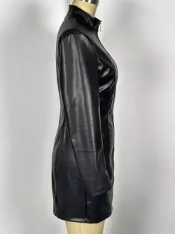 Sexy High Neck Long Sleeve Zipper Front Faux Leather Mini Dress For Women 2026