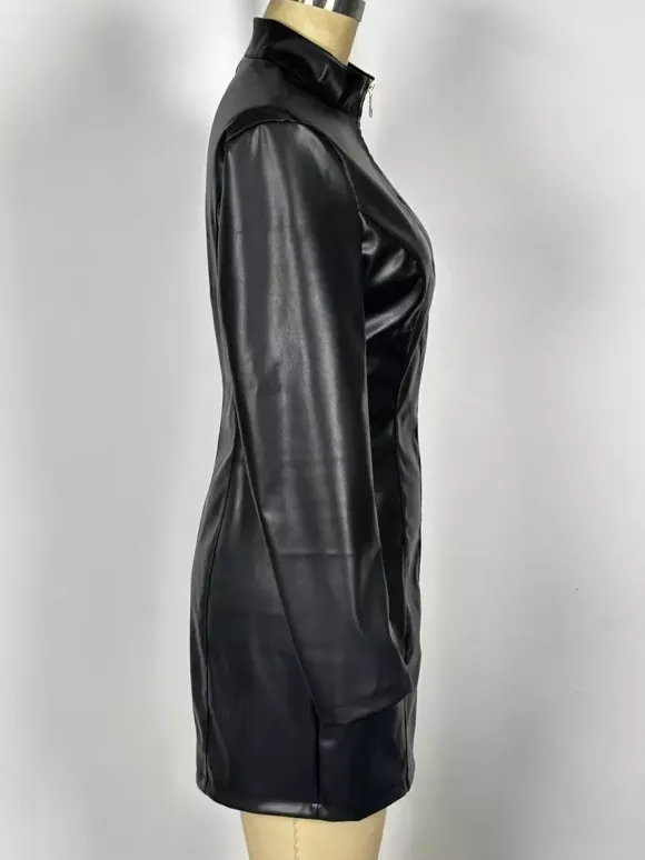 Sexy High Neck Long Sleeve Zipper Front Faux Leather Mini Dress For Women 2026
