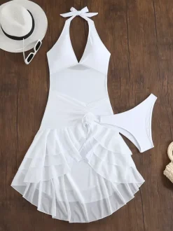 Sexy High-Low 2 Piece Swimsuit For Women - Mesh Halter Ruffle Swim Dress With Bikini Bottom - Summer Pool Party 2026